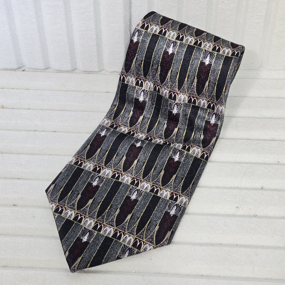 Van‎ Heusen Mens Silk Tie Black Grey Burgundy Art Deco Geometric Pattern Necktie